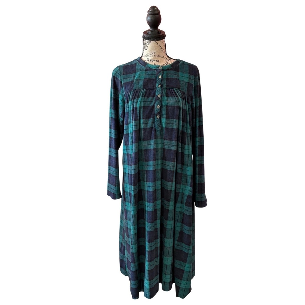 Aria Collection Green Navy Blue Plaid Henley Nightgown Long Sleeve Small